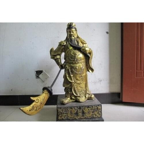 Song voge gem S1485 Chinese Folk Fane classical Old Bronze Gild Guan Gong warrior Statue