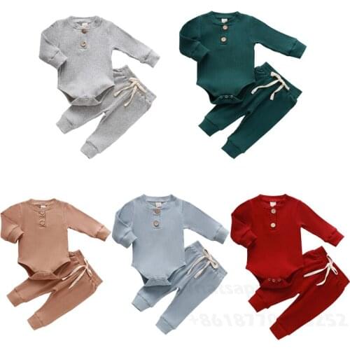 Infant Newborn Baby Girls Boys Spring Autumn Ribbed Solid Clothes Sets Long Sleeve Bodysuits + Elastic Pants 2PCs Solid Outfits