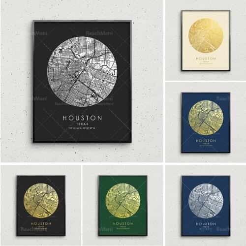 Houston map prints, gold and silver circular maps, Houston art wall, Houston city posters, personalized map gifts