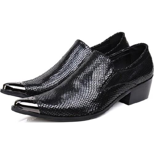 Sapato Social Mens Leather Shoes Pointy Loafers Slip On Metal Pointed Toe Snake Skin Prints Shoes For Wedding Dressing Shoes