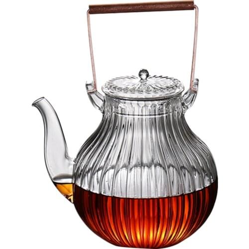 Hand-made crane head chrysanthemum petal rib pattern soup boiling glass kettle tea making tea copper handle lifting beam pot