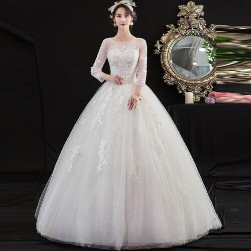 Wedding Dresses Illusion O-Neck Three Quarter Tulle Lace Embroidery Sequined Backless Luxury White Vintage Lady Bridal Gown G539