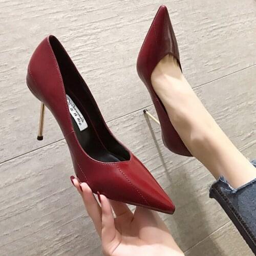 MGHY Pumps 34-40 size, 8cm heel, European high heels new ladies sexy stiletto with soft leather pointed womens shoes 013