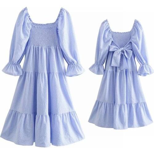 High Quality Fashion Womens Sky Blue Plaid Print Summer Dress Za Vintage Puff with Bow Short Sleeve Back Bow Ladies Midi Dress