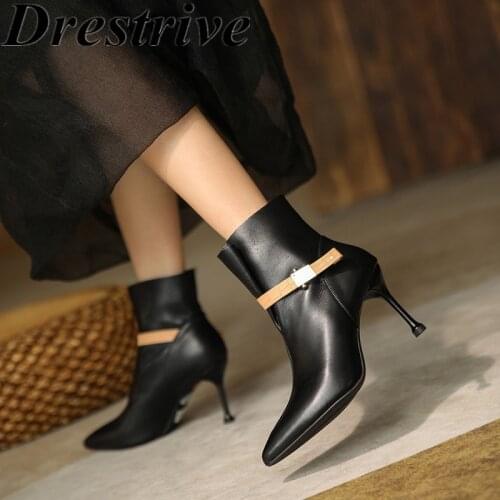 Drestrive Women Ankle Boots Pointed Toe Belt Buckle Thin High Heels Full Genuine Leather 2021 Autumn Classics Shoes Black