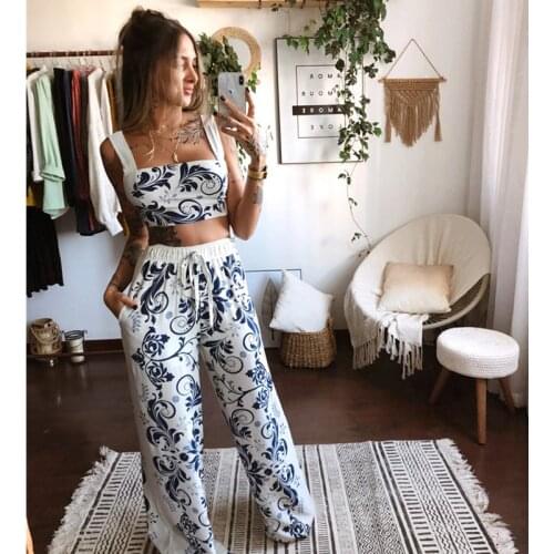 Women Crop Tops Tank Loose Trousers Floral Print Elastic Waist Drawstring Cool Sexy Navel Summer Femal Pant Clothing Sets
