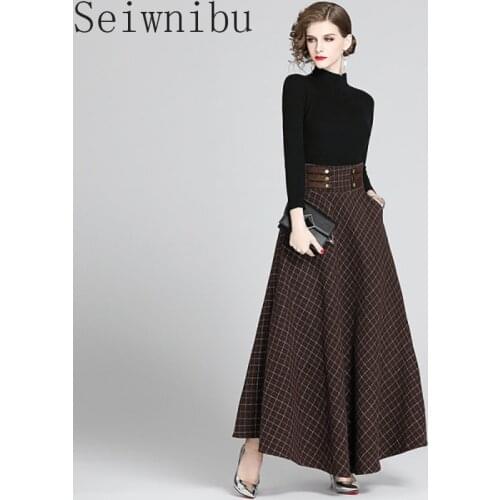 2020 Spring Runway Fashion 2 Piece Skirt Suits Sets Women Black Sweater Tops + High Waist Long Pleated Skirt Suits Outfits Femme