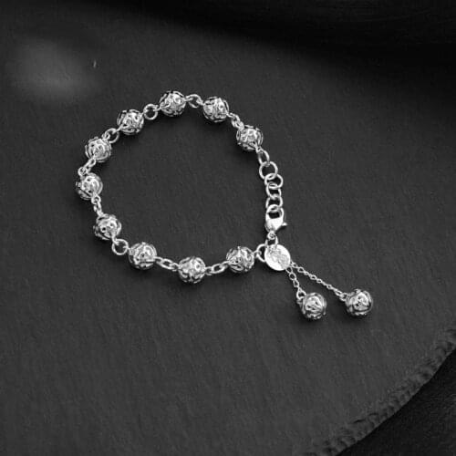 Silver 925 Charm Bracelet For Women With Chinese Style Hollow Carved Round Beads Pendant Vintage Geometry Female Wedding Jewelry