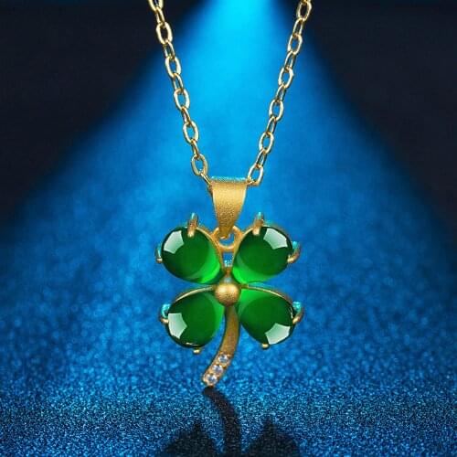 Vintage fashion green jade emerald gemstones clover pendant necklaces for women zircon diamonds gold tone choker jewelry gifts