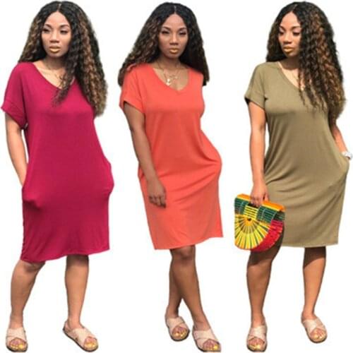 10 Colors Sexy V Neck Short Sleeve Solid Pocket Loose Mini Dress 2021 Summer Women Beachwear Party Vestidos Plus Size S-3XL