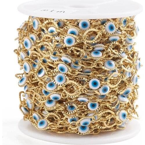 10M Handmade Brass Oval Link Chains Soldered With Evil Eye Beads and Spool for Necklace Bracelet Earrings Jewelry Making