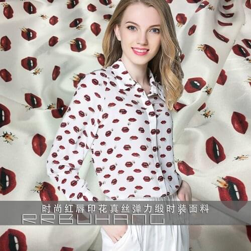 108cm wide 19mm silk & spandex red lip print stretch white silk satin fabric for dress shirt clothes cheongsam C20
