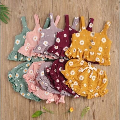 2021 Summer Kids Girl Daisy Flower Printed Clothes Suit Sleeveless Ruffled Hem Tank Tops with Triangle Shorts Summer Clothing