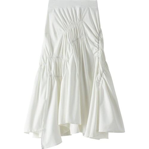 Irregular Midi Long A-line Skirt Female Vintage Elegant Fashion High Waist Skirts Womens Chic Black White All-match Skirt Lady