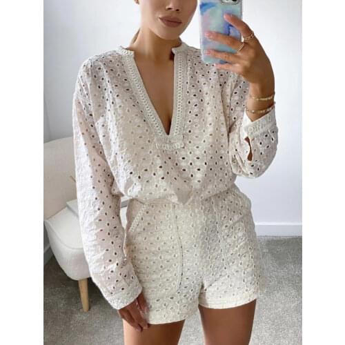Aachoae Women Solid Color Cotton Embroidered Blouses Shirts V Neck Long Sleeve Shirts Tops Female Casual Loose Tops Autumn