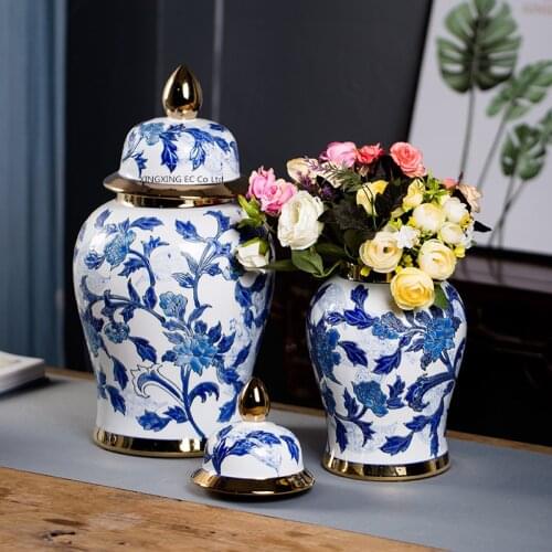 Chinese Retro Large Vase Ceramic Decorative Flower Arrangement Container with Lid Storage Jar Living Room Desktop Decoration