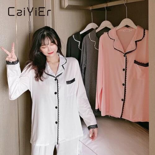 CAIYIER Autumn Pajamas Set Fashion Long Sleeve Lace Cuff Lapel Sleepwear For Women Pure Color Sexy Nightwear Homewear Suit M-2XL