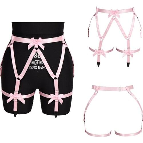 Pink Punk Goth Stockings Garter Cage Strappy Thigh Sexy Adjust Suspender Elastic Bandage Body Harness Lingerie Waist Size