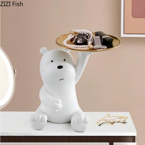 European Cute White Bear Golden Storage Tray Resin Cartoon Animal Candy Jewelry Storage Tray Sculpture Figurines Home Decoration
