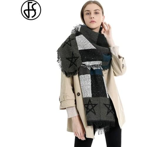 FS Winter Fashion Knitted Scarf Women Vintage Star Pattern Tassel Neck Scarves Black Pink Cashmere Blanket Shawls Echarpe Femme