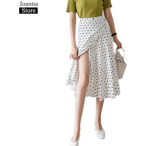 Summer Dot Printing One-Piece Chiffon Skirt Women Irregular High Waist Vintage Party Wrap Skirts White Plus Size Clothes Female