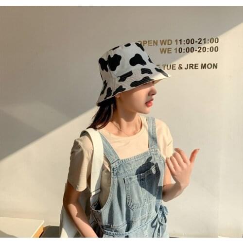 Unisex Cute Cartoon Cow Letters Embroidery Bucket Hat Reversible Double Sided Harajuku Sunscreen Panama Fisherman Cap