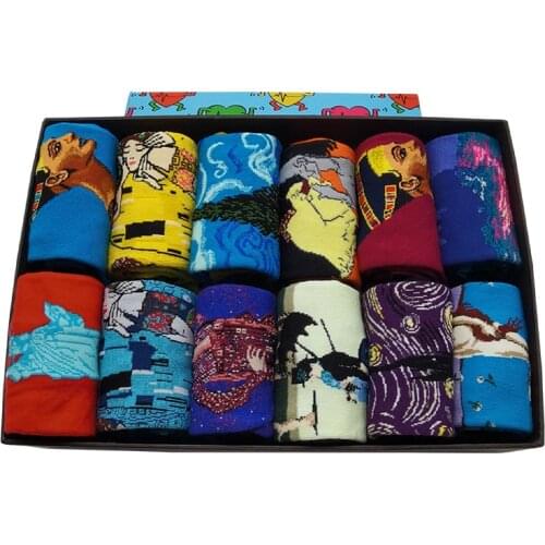 12 Pairs/Pack Men Woman Colorful Fun Cotton Socks Famous Painting PatternedPrinted Cool Novelty Funny Art Dress Socks