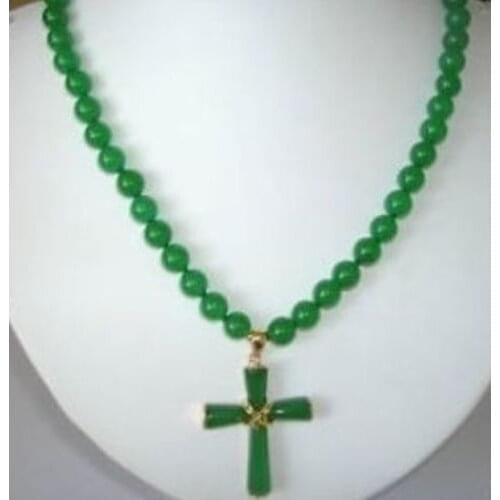 8mm Green Jade Cross Pendant Necklace 18"