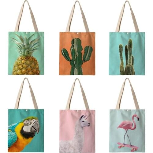 AKB01256 Fresh Green Plant Pattern Canvas Bags for Women 2020 Cute Animal Printed Reusable Shopping Shoulder Bags for School