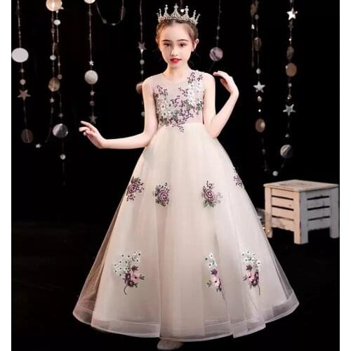 Flower Girl Dresses Illusion O-Neck Sleeveless Embroidery Appliques Princess Floor-Length Tulle Light Gray Kids Party Gown H516