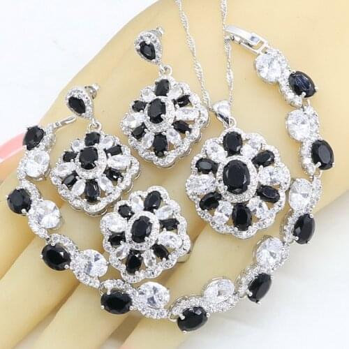 Luxury Silver Color Jewelry Sets for Women Black White Zircon Bracelet Earrings Necklace Pendant Ring Gift Box