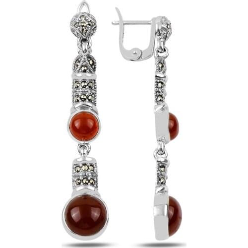 Silverlina Silver Marcasite & Red Agate Stone Dangle Earrings