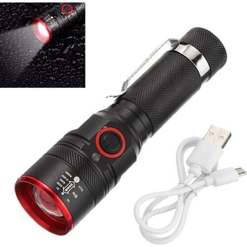 T6 LED Flashlight USB Charging Torches with Telescopic Zoom Focus 18650 Battery Light for Bicycle Camping 113 x30x 22mm