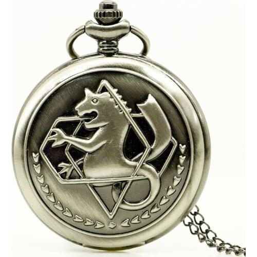 High Quality FullMetal Alchemist Edward Elric Cosplay Pocket watch Dull Polish Mens Penadnt Necklace Fob Chain