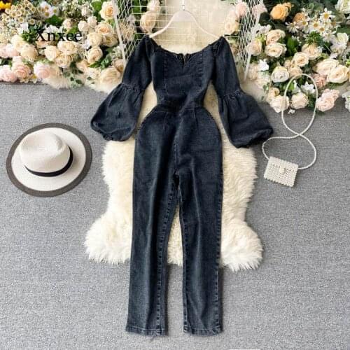 Womens Sexy One-Shoulder Jumpsuit Long Sleeve Puff Sleeve Denim Jumpsuit Womens Spring and Autumn New Retro Jeans Pants