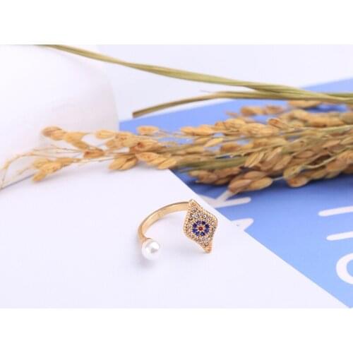 BALANBIU Delicate Grass Evil Eyes Acrylic Pearl Vintage Gold Color Geometric Charm Finger Opening Ring For Women Fashion Jewelry