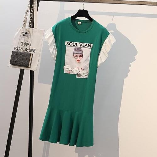 Plus size women letter print shirt dresses Summer ruffles dresses ladies loose casual short sleeve green 4XL dress vestidos