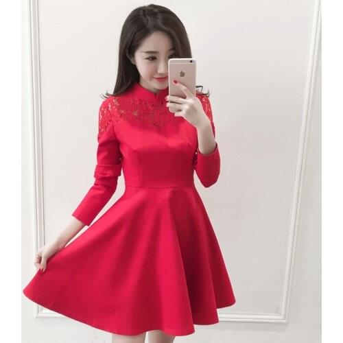 2018 Spring New Womens Toast with The Bride Dress for wedding High Waist Slim Lace Red Dress