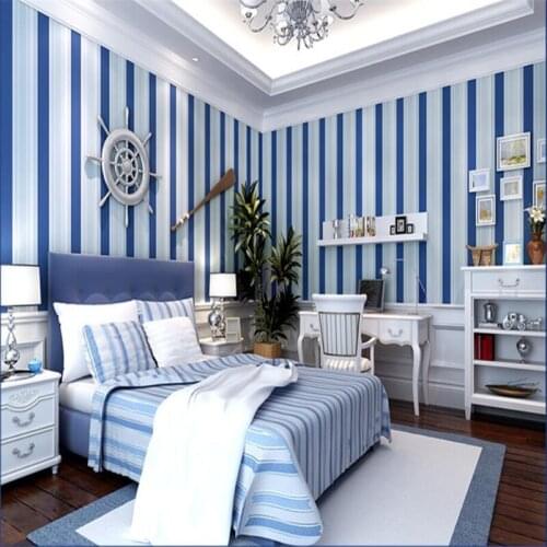 Beibehang Mediterranean stripes 3d wallpapers living room bedroom full shop simple vertical striped flocking wallpaper roll