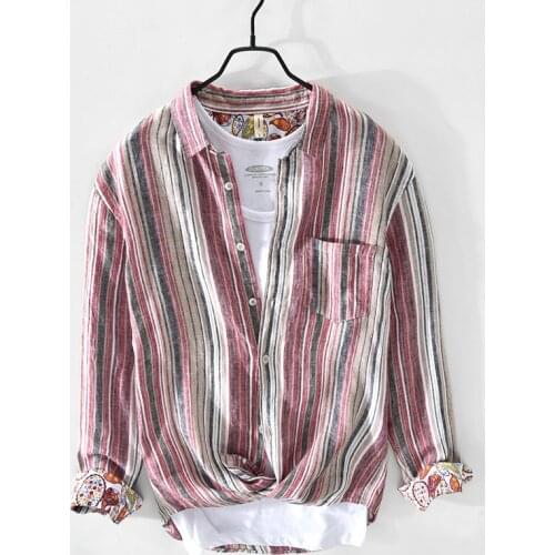 757 spring/summer new mens casual linen striped shirt