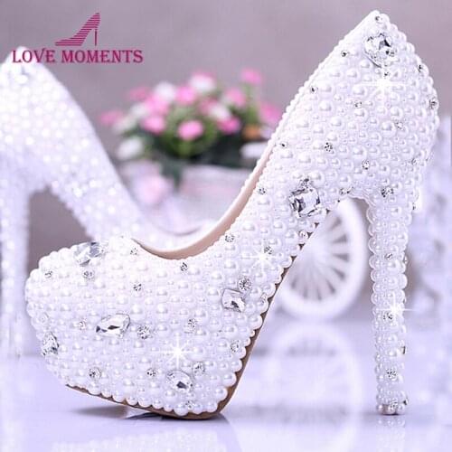 White Elegant Honeymoon Shoes Imitation Pearl Wedding Dress Shoes Gorgeous Bridal Shoes 14cm Super High Heel Dress Shoes