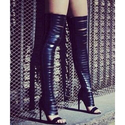 Sexy Black Strappy Thigh High Boot Peep toe Cut-out Gladiator Sandals Boots Women High Heel Over The Knee Boots Size 10