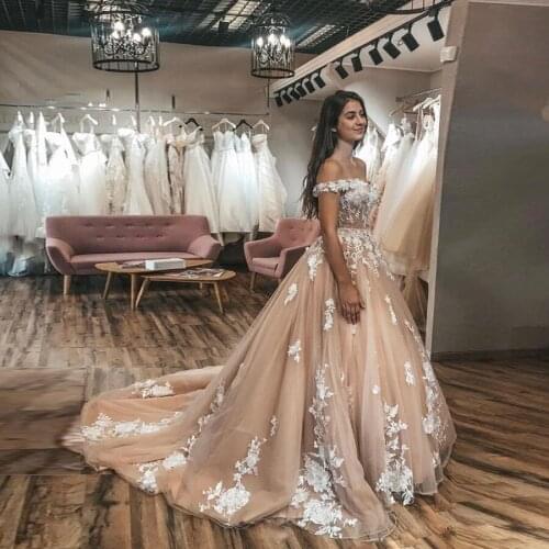 Elegant Champagne Wedding Dresses Appliques Off the Shoulder Custom Made Tulle Bridal Gowns Court Train 2020