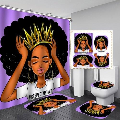 Purple African Women with Crown Waterproof Shower Curtain Fashion Afro Girl Queen Princess Non-Slip Bathroom Mat Rugs Set