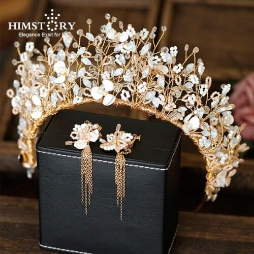 Himstory Vintage Gold Crystal Bride Tiara Crown Handmade Flower Pearl Rhinestones Hairbands For Wedding Hair Accessories Jewelry