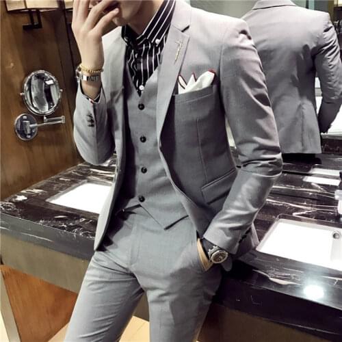 Jacket + Vest + Pants ) Fashion Boutique Solid Color Mens Formal Business Suit 3pces Set Groom Wedding Dress Stage Suit Male