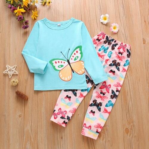 Toddler Baby Girls Clothes Cotton Butterfly Printed Tops+Pants Set Baby Kids Pajamas Outfit Fall Girl Clothing 2 3 4 5 6 7 8Y
