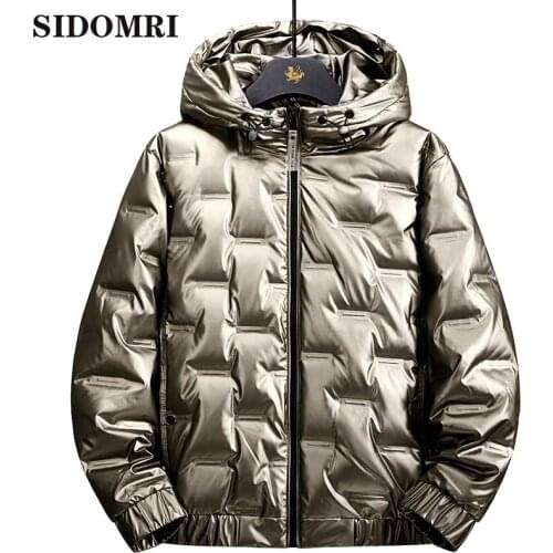Winter Mens jacket fashion trend mens hooded shiny jacket popular logo fashion thick warm male overcoat