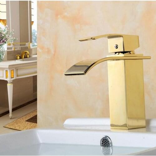 Brass sink basin faucet mixer water tap gold, Bathroom wash basin faucet waterfall, Copper single hole basin faucet hot and cold