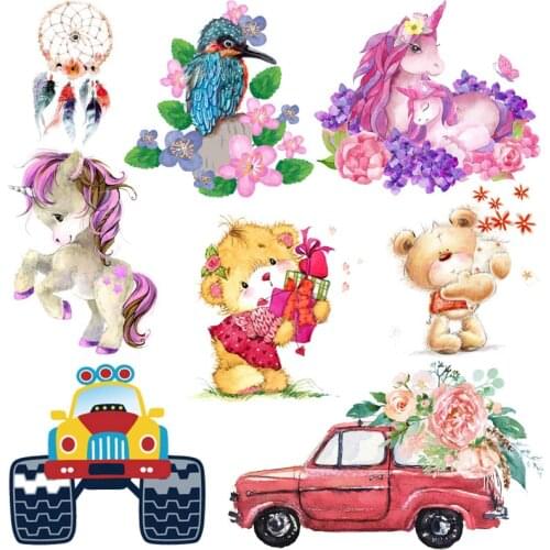 Cartoon Car Flower Heat Transfer For Clothes Thermal Stickers On Clothes Animal Unicorn Cat Iron-on Transfers For Clothing DIY